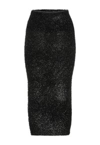Black midi skirt made of textured, fuzzy material. Form-fitting design with a high waist and soft, shimmery finish. No patterns or hardware.