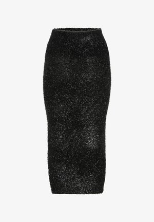 Fekete midi szoknya textúrált, bolyhos anyagból. Formába simuló design, magas derékkal és puha, csillogó felülettel. Nincsenek minták vagy fémalkatrészek.