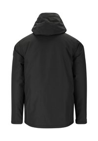 Sort vandtæt jakke med hætte, med en glat overflade og lige snit. Lange ærmer og et minimalistisk design uden udsmykning.