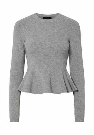 Pull en jersey gris à manches longues et à basque, texture côtelée, col rond, corsage ajusté, ourlet évasé. Matériel doux avec un motif subtil.