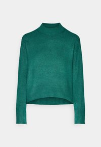 Groene gebreide trui met een hoge hals en lange mouwen. Voorzien van geribbelde manchetten en zoom, die een gestructureerde, gezellige uitstraling geven.