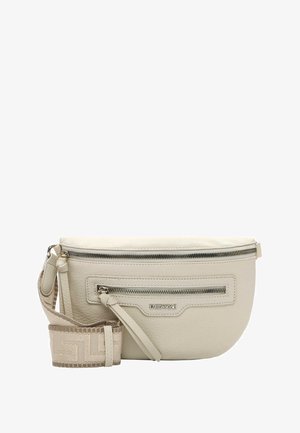 Hüfttasche aus cremefarbenem Leder mit zwei silbernen Reißverschlüssen und einem verstellbaren beigen Stoffriemen mit geometrischem Muster.