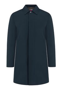 Ciemnoniebieski płaszcz z kołnierzem, prostym krojem i zapięciem na guziki. Gładki materiał bez widocznych wzorów lub zdobień.