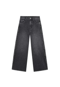 Wijdvallende jeans in donkergrijs denim met decoratieve studaccenten langs de zijnaden. Klassiek vijf-pocket ontwerp met een sluiting met knoop aan de voorkant.