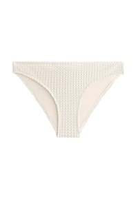 Białe majtki od bikini z teksturowanym wzorem w kratkę, gładkim wnętrzem i falistymi krawędziami. Prosty i dopasowany krój.