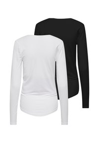 Two long-sleeve shirts, one white and one black, made of smooth fabric with rounded hems and simple crew necklines, displayed back-to-back.