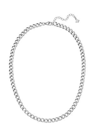 Collar de cadena en tono plateado con eslabones entrelazados y una cadena extensible ajustable con un pequeño colgante en forma de hoja.