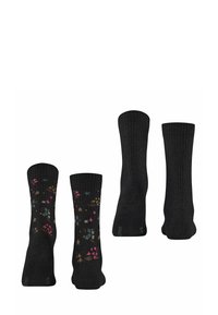 Czarne skarpetki o prążkowanej teksturze, z kolorowym kwiatowym wzorem w odcieniach różu, brązu i niebieskiego, rozproszonym po powierzchni.