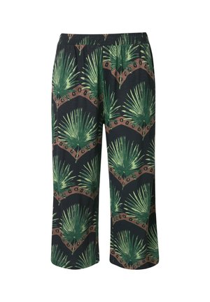 Zwarte broek met een palmbladpatroon in groen en bruin. Brede pijpontwerp met een elastische tailleband. Lichtgewicht stof met een soepele textuur.