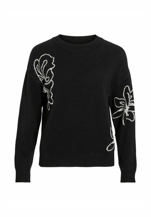 Maglione nero con maniche lunghe, scollatura rotonda e motivi floreali ricamati in bianco sul petto e sulle maniche. Texture morbida, vestibilità comoda.
