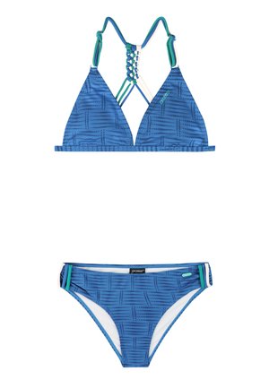 Bikini deux pièces bleu à motifs avec bretelles tressées dans le dos sur le haut et petits détails de lanières latérales sur le bas.