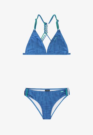 Blauw gebloemd tweedelig bikini met gevlochten rugbandjes op het bovenstuk en kleine zijriemdetails op het broekje.