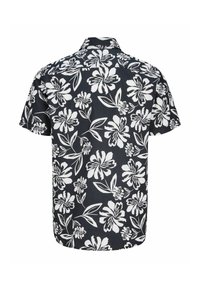 Musta lyhythihainen paita, jossa on suuret valkoiset kukka- ja lehtikuvioinnit, levitetty kaulus, esitelty takaapäin.