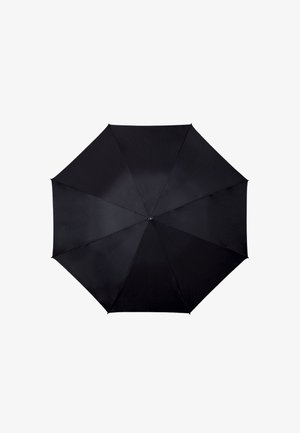 Black umbrella with eight panels, made of fabric. Features a smooth texture and a central metal button for opening and closing.