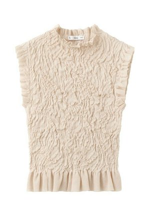 Beige mouwloos top met hoge, gerimpelde halslijn, gestructureerde, geplooide stof en gerimpelde randen aan mouwen en zoom.
