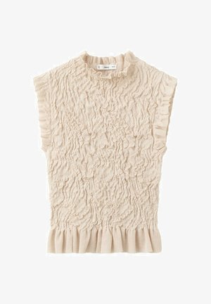 Bež top bez rukava s visokim naboranim ovratnikom, teksturiranim naboranim materijalom i naboranim rubovima na rukavima i rubu.