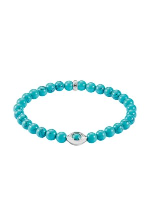 Türkisfarbener Perlen-Stretch-Armband mit silbernem augenförmigen Anhänger, der einen türkisfarbenen Stein in der Mitte und eine kleine silberne Zwischenperle aufweist.