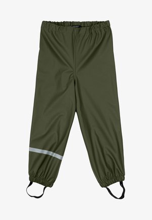 Olivgrüne wasserdichte Hose mit einem elastischen Bund, elastischen Bündchen und einem reflektierenden Streifen entlang des Unterschenkels.