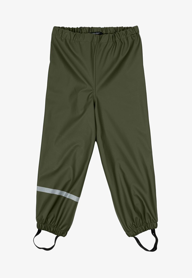 Olivengreenit vedenpitävät housut, joissa on joustava vyötärö, joustavat hihnat ja heijastinliuska alhaalla jalassa.