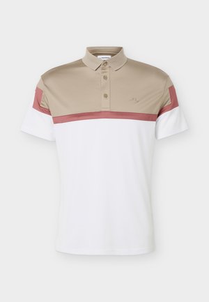 Short-sleeve polo shirt with beige top, white bottom, and a horizontal dusty rose stripe across chest and sleeves, front button placket.