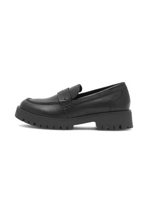 Schwarze Leder-Loafer mit einer genähten Detailverzierung und einer klobigen, gezackten Sohle. Das Obermaterial hat eine glatte Oberfläche mit einem kleinen oberen Riemen.