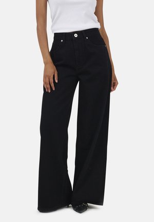 Zwarte high-waisted wide-leg jeans van denim, met een aansluitende taille, twee voorkanten zakken en een enkel knoopsluiting.
