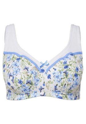 Blumen-BH mit blauen und grünen Blumen auf einem weißen Hintergrund, verziert mit blauen Akzenten und einer kleinen Schleife in der Mitte. Baumwollmaterial.