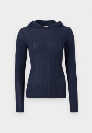 Μπλε ναυτικό hoodie με μακριά μανίκια και ριμπ υφή με κάθετες γραμ μές, με μπροστινή τσέπη και απαλό, ελαφρύ ύφασμα.