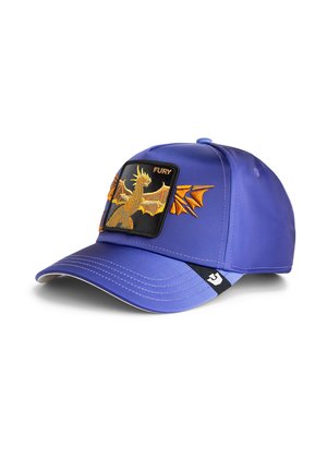 Purple cap featuring a black patch with an embroidered dragon design in gold and orange, showcasing raised wings and detailed accents.