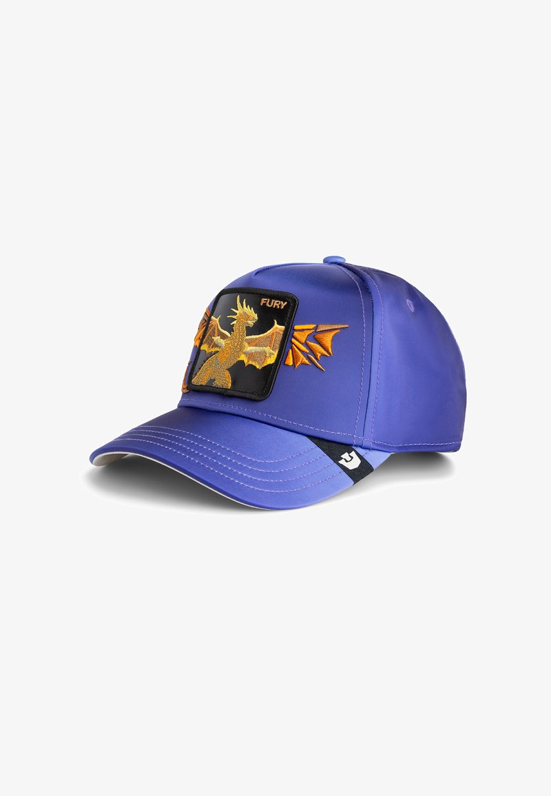 Lila Kappe mit einem schwarzen Patch, auf dem ein gesticktes Drachenmotiv in Gold und Orange zu sehen ist, das prominente Flügel und detaillierte Akzente zeigt.