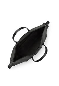 Borsa tote in pelle nera con un'ampia apertura con zip e doppi manici. L'interno è spazioso e presenta una texture liscia.