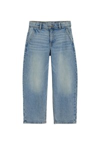 Heledad sinise tooniga teksapüksid, lõdva lõikega, viie taskuga disain, tuhmunud tekstuur, nähtavate õmblustega ning nööpkinnitusega.