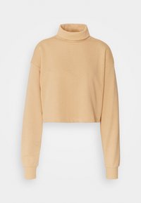 Beige zkrácená mikina s vysokým rolákem, dlouhými rukávy a žebrovanými manžetami. Vyrobena z měkké bavlněné tkaniny, má hladký povrch.