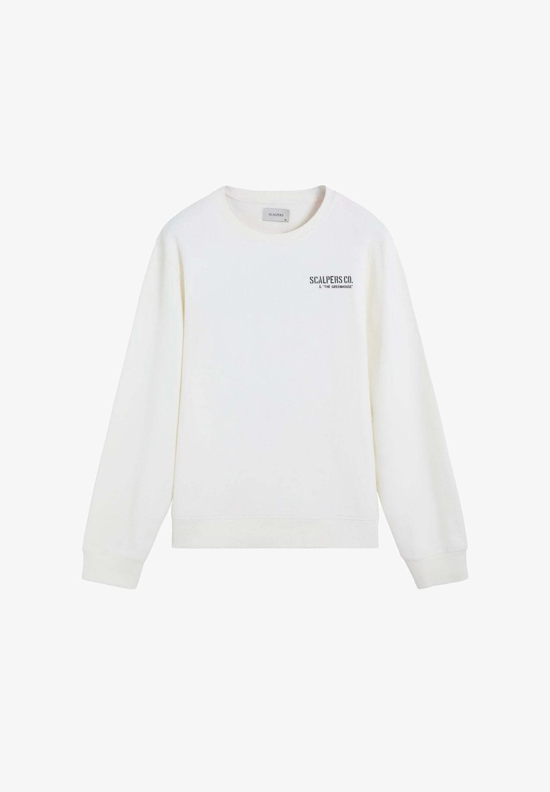 Sudadera blanca de manga larga con cuello redondo y un pequeño texto negro "Scalpers Co. & The Greenhouse" en el área del pecho izquierdo.