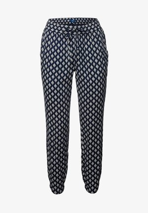 Navy patterned pants with a drawstring waist, featuring a white, repeating diamond motif. Made from soft, lightweight fabric with tapered legs.
