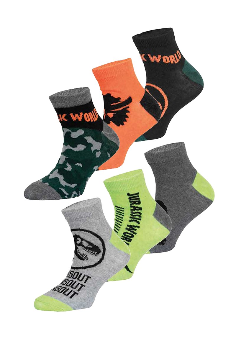Set aus fünf Knöchelsocken in verschiedenen Farben und Mustern, darunter grün mit Tarnmuster, grau mit Dinosauriergrafik und orange mit schwarzen Akzenten.