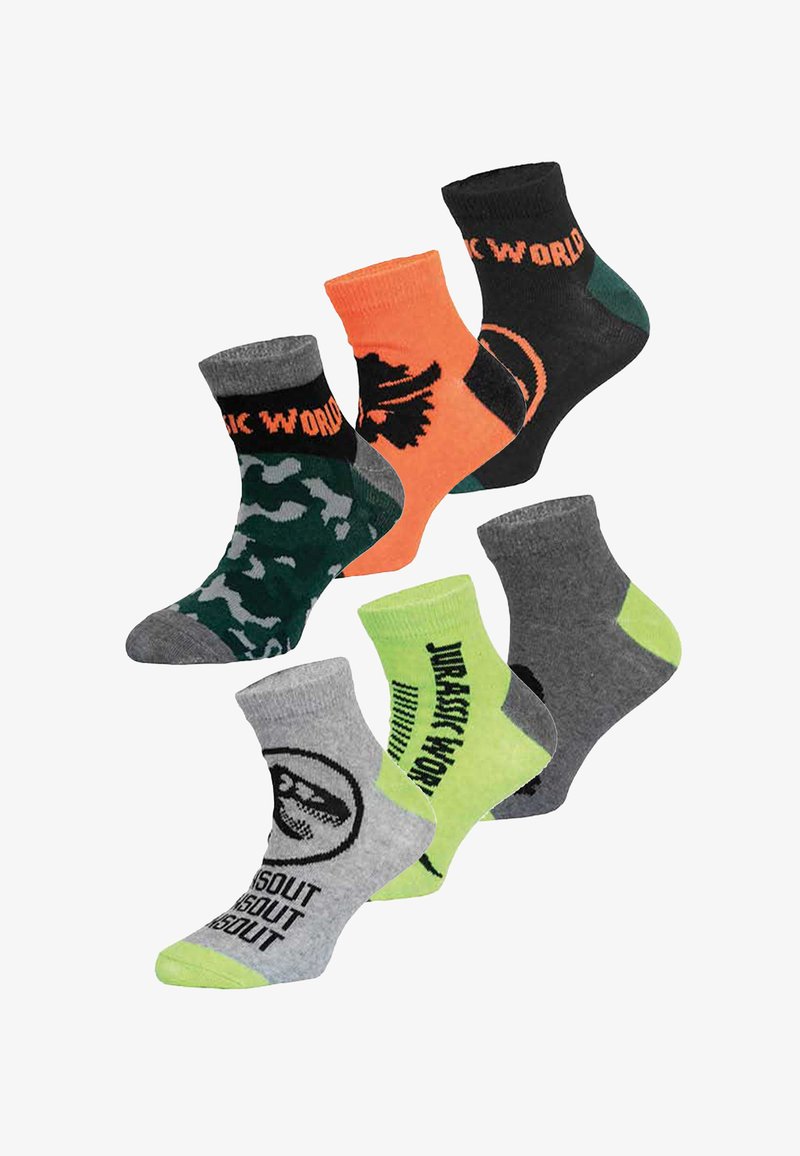 Set aus fünf Knöchelsocken in verschiedenen Farben und Mustern, darunter grün mit Tarnmuster, grau mit Dinosauriergrafik und orange mit schwarzen Akzenten.