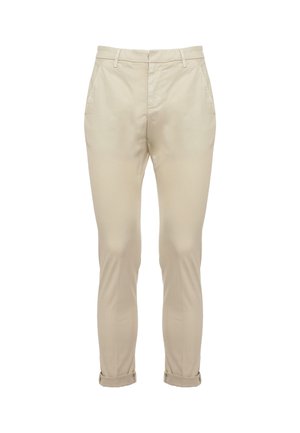 Pantaloni beige da uomo a taglio aderente con passanti per cintura, tasche frontali, cerniera e risvolti arrotolati.