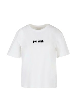 White cotton t-shirt with a crew neck and short sleeves. Features black text stating "you wish." centered on the front.