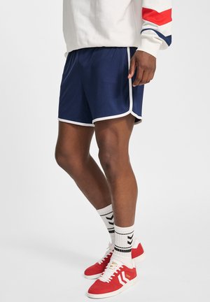 Mężczyzna w granatowych sportowych spodenkach z białą lamówką, białych skarpetach w czarne paski, czerwono-białych butach sportowych oraz białej bluzie z czerwono-niebieskimi paskami na rękawach.