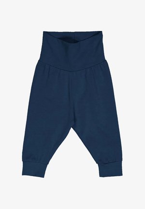 Mørkeblå bløde bomuldsbukser med bred elastisk talje, snævre manchetter og afslappet pasform. Glat overflade, ingen mønstre eller hardware.