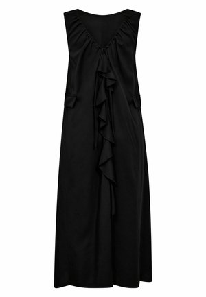 Vestido midi negro sin mangas con escote en V, tela fruncida en los hombros y volante central en cascada en la parte delantera.