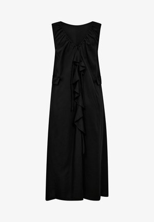 Vestido midi negro sin mangas con escote en V, tela fruncida en los hombros y volante central en cascada en la parte delantera.