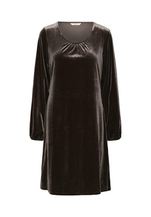 Abito lungo a maniche, in velluto marrone scuro, con scollatura arricciata e polsini elasticizzati, lunghezza ginocchio, design semplice.