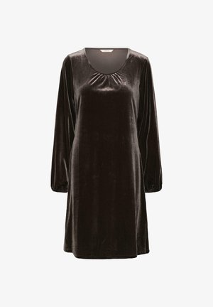 Long-sleeve dark brown velvet dress with gathered neckline and elastic cuffs, knee-length, plain design.