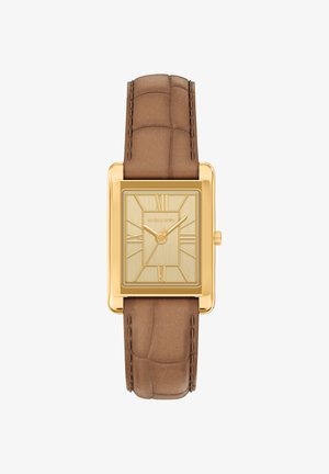 Goldene rechteckige Uhr mit strukturiertem goldenem Zifferblatt und braunem Lederarmband. Gestaltet mit markanten Stundenmarkierungen und dezentem Branding.