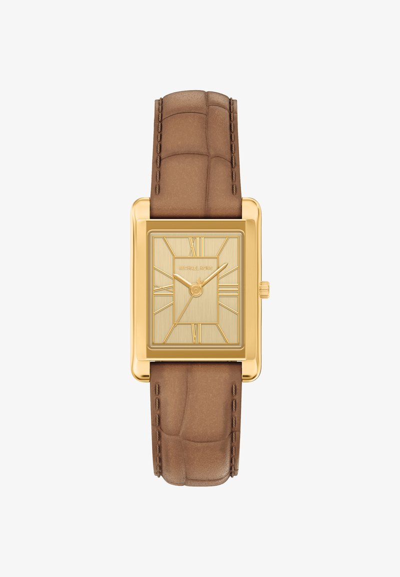Montre rectangulaire en or avec un cadran texturé doré et un bracelet en cuir marron. Conçue avec des index horaires prononcés et un marquage discret.