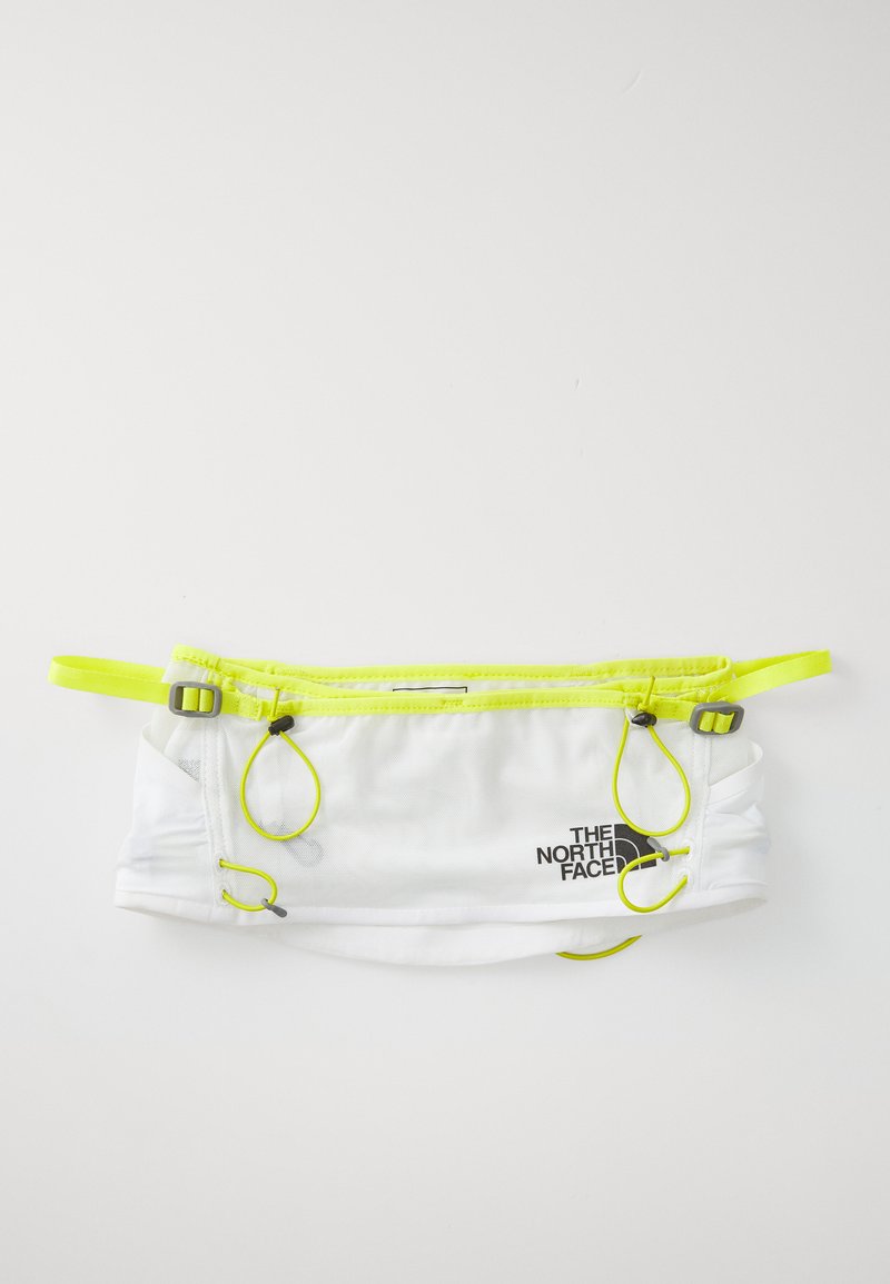 Cintura bianca con cinturini gialli regolabili, dotata di due anelli elastici e un logo. Realizzata in materiale leggero e resistente.