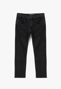 Jeans de mezclilla negra con un diseño clásico de cinco bolsillos, corte slim y detalles de costura sutiles a lo largo de los bolsillos y las costuras.