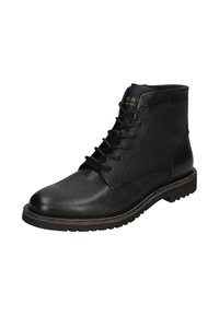 Schwarze Leder Stiefelette mit strukturiertem Obermaterial, Schnürdesign, abgerundeter Zehenpartie und Gummisohle. Verfügt über dezente braune Akzente und Logodetails.